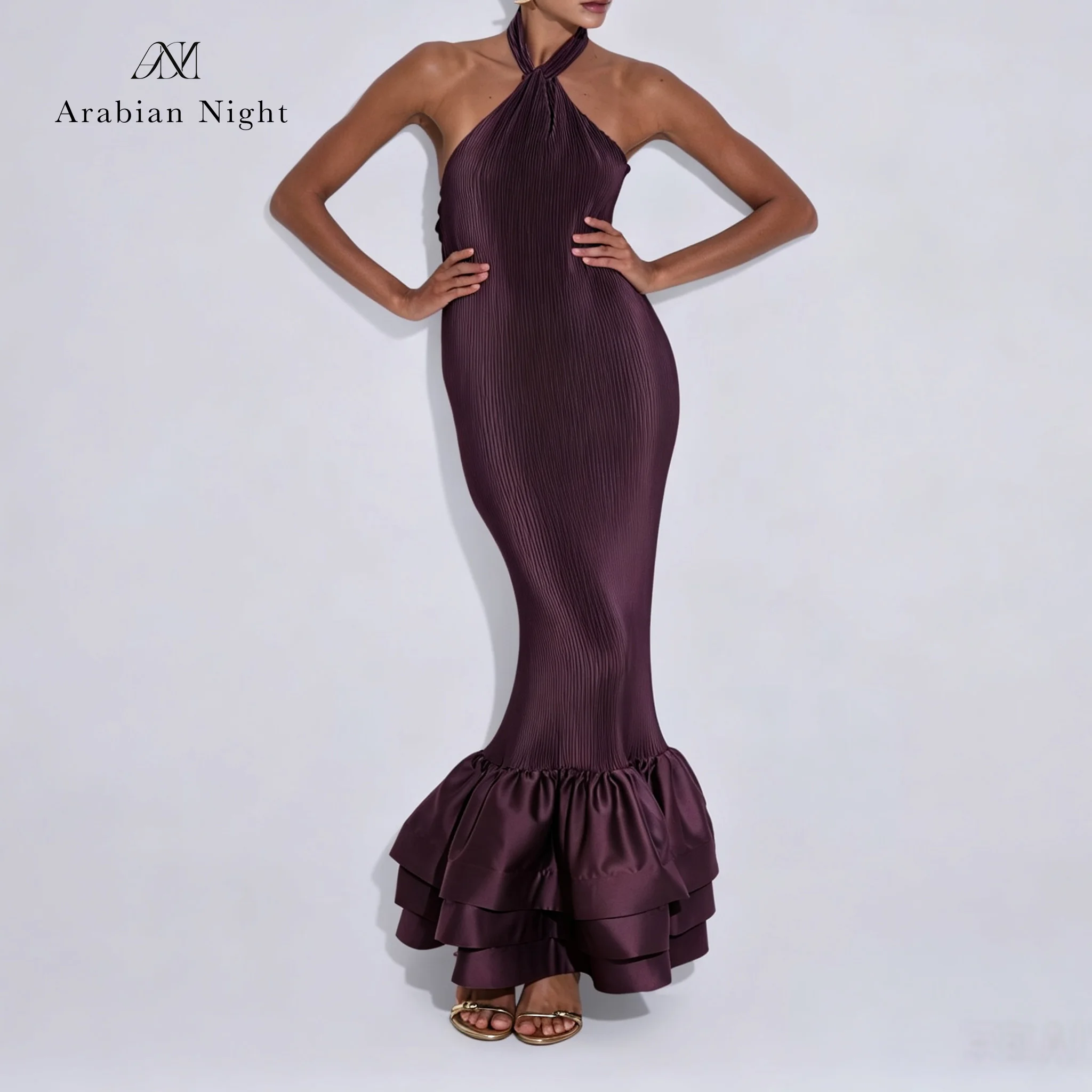 Purple neck-wrap plunging V-neck sleeveless fish-tail floor-length formal occasion ball gown with flowing pleated lace skirt hem