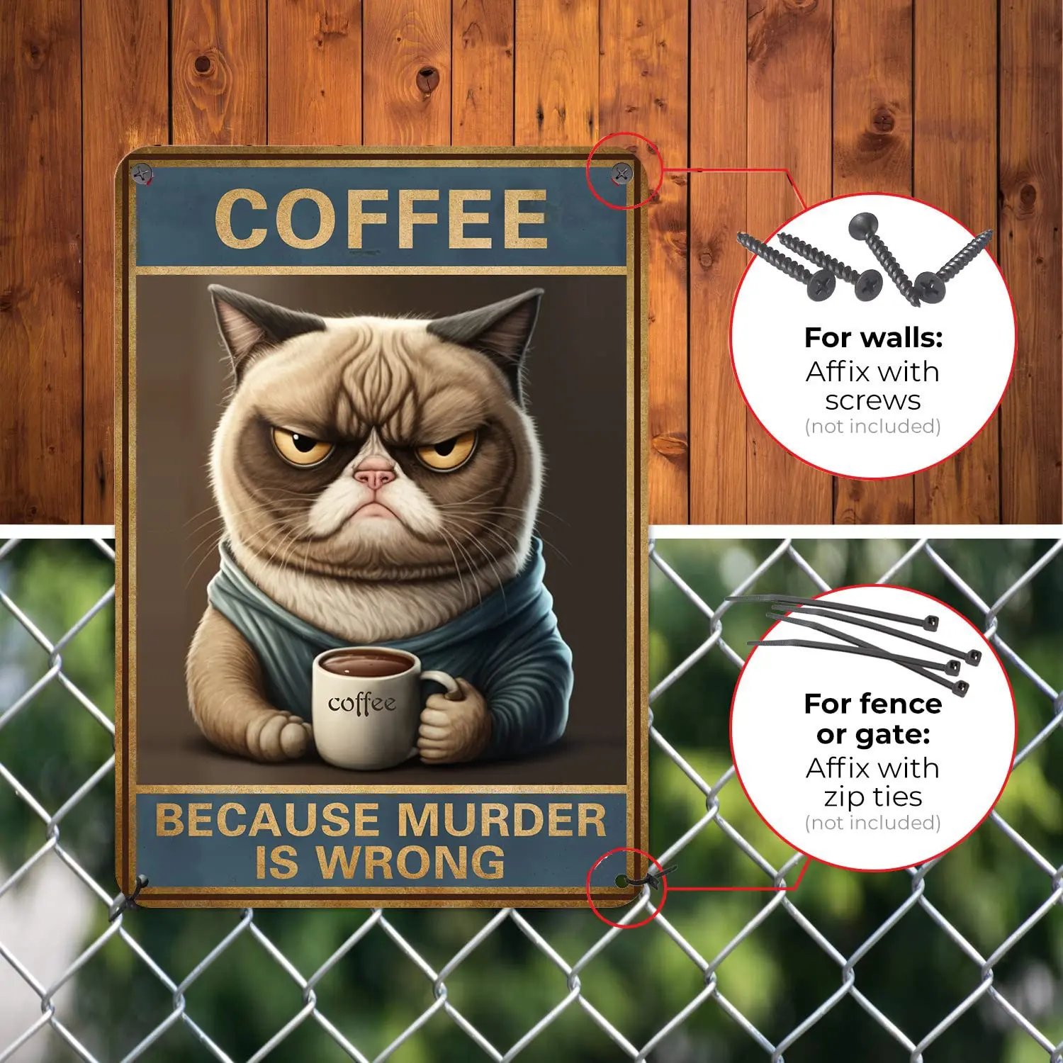 HYBLOM Vintage decor Funny Cat Coffee Sign Kitchen Wall Decor - Coffee Because Murder Is Wrong Metal Tin Signs Bar Art Poster es