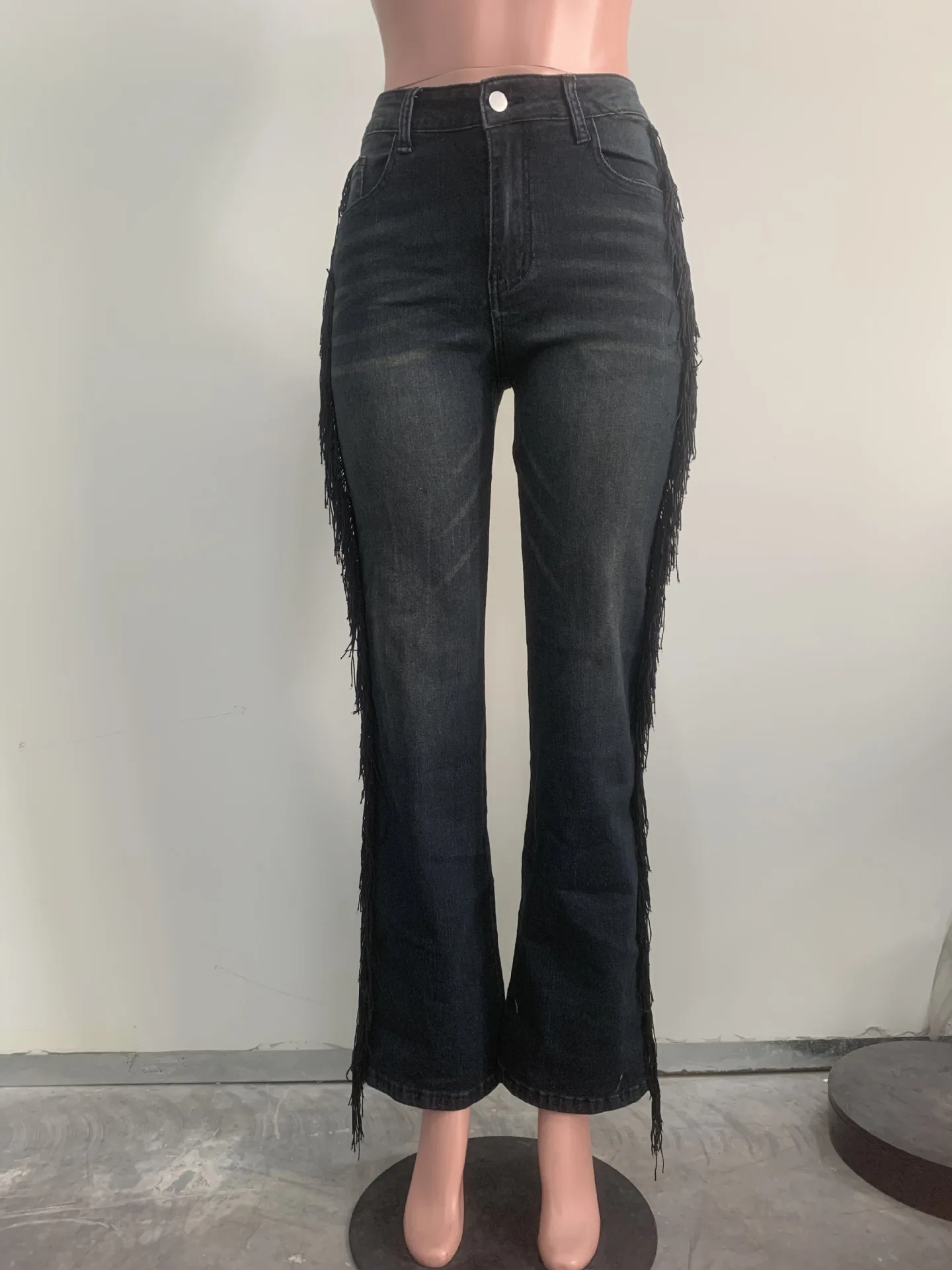 Y5270 European and American women's fashion retro fringe edge high waist straight leg jeans