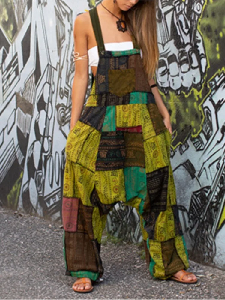 

Streetwear Patchwork Prinit Jumpsuit For Women Fashion Sleeveless Loose Wide Leg Long Pants Jumpsuits Lady Holiday Vintage New