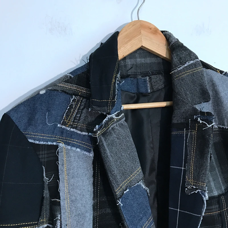 PFHQ Autumn Men\'s Denim Plaid Raw Edge Stitching Blazers Patchwork Design Cool Motorcycle Creativity Casual Button Coat 21Z1406