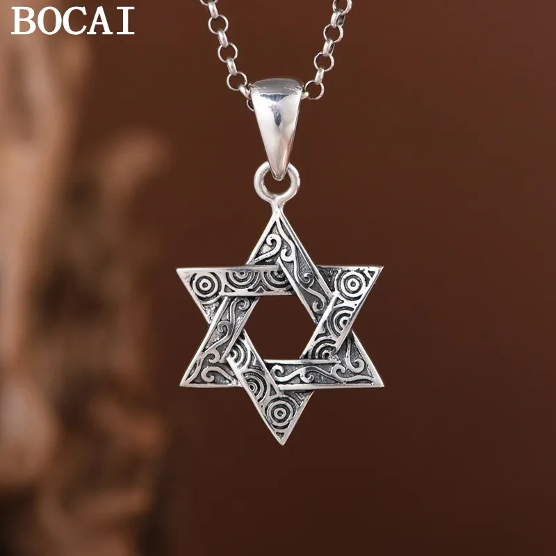 BOCAI NEW S925 Silver Retro Fashion Water Pattern Hexagram Star Pendant Male and Female Gifts