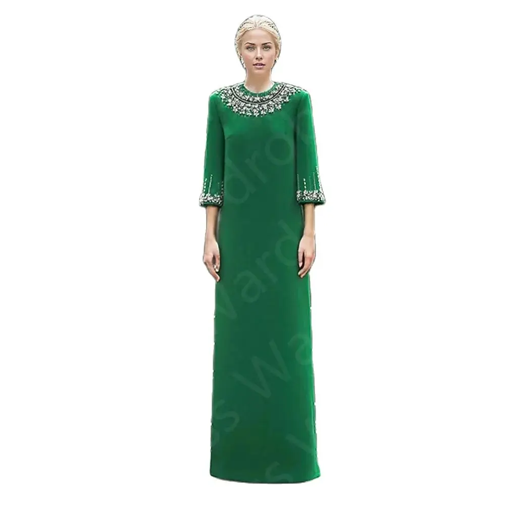 Modest New Arabic Evening Dresses Green 2024 Prom Party Gowns 3/4 Sleeves Round Neck Wedding Guest Dress Crystal Beaded Muslim