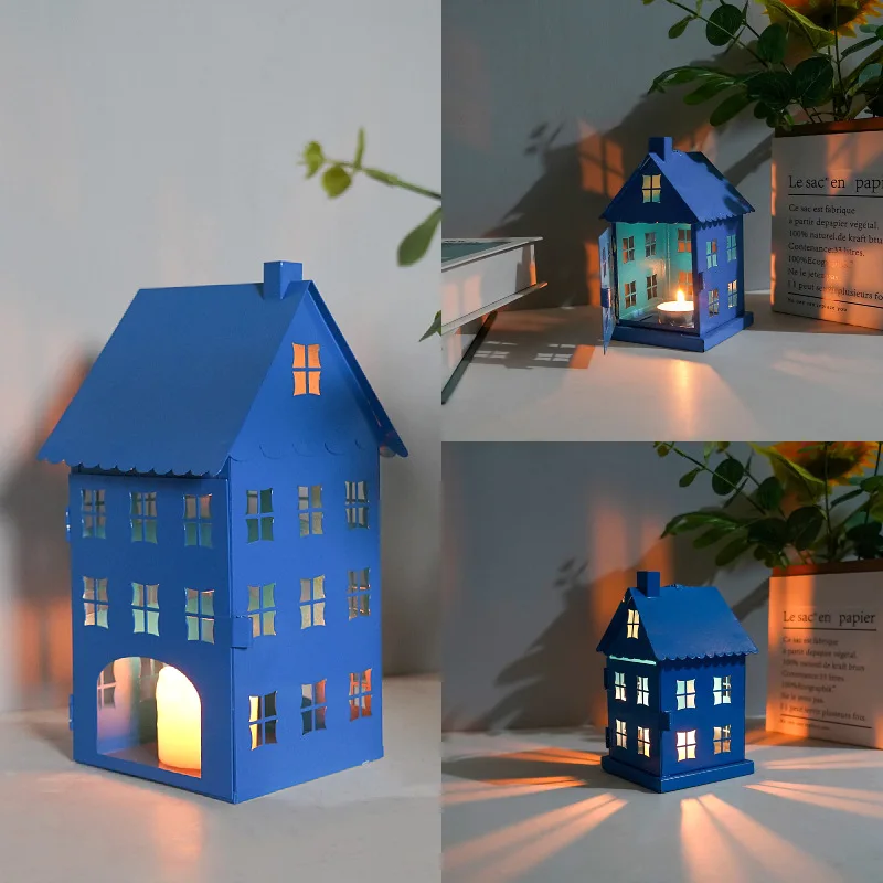 Nordic Blue Small House Candlestick, Hollowed-out Ironwork Wind Lamp, Candlestick, Courtyard Furniture Ornaments And Handicrafts