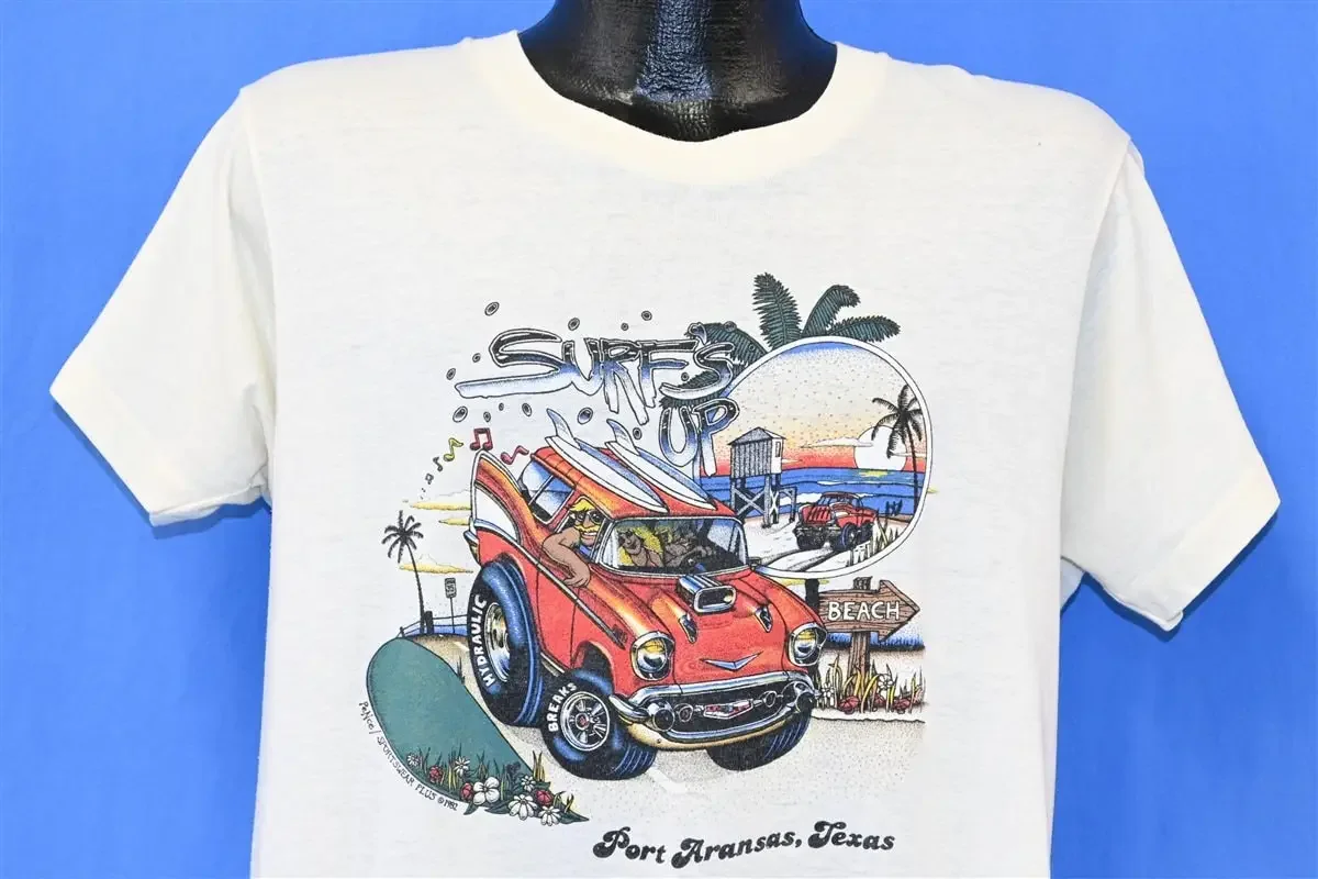 80s Port Aransas Texas Surf's up Hot Rod Wagon Sunset T-shirt