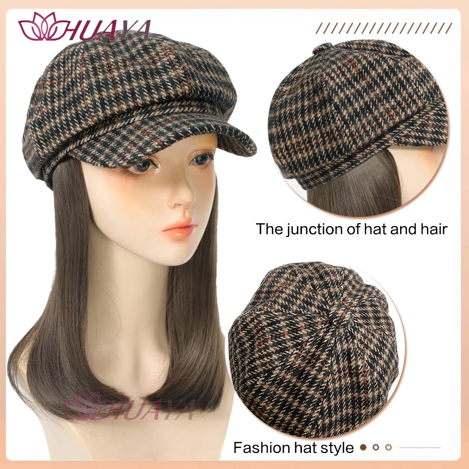 HUAYA Straight Hair Hat Wig Integrated Style Medium Length Hair Beret Autumn And Winter Knitted Hat Synthetic Wig Women