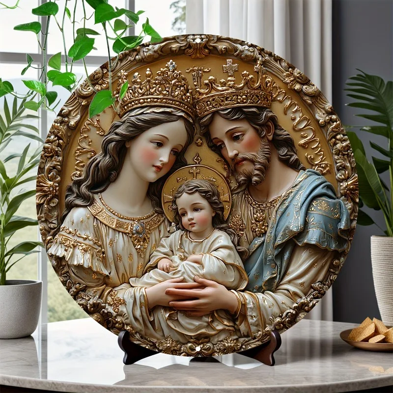 

Round Religious Metal Aluminum Sign, 3D Embossed Holy Family Emblem with Fine Detail, Durable Wall Art for Bathroom, Cafe