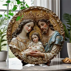 Round Religious Metal Aluminum Sign, 3D Embossed Holy Family Emblem with Fine Detail, Durable Wall Art for Bathroom, Cafe