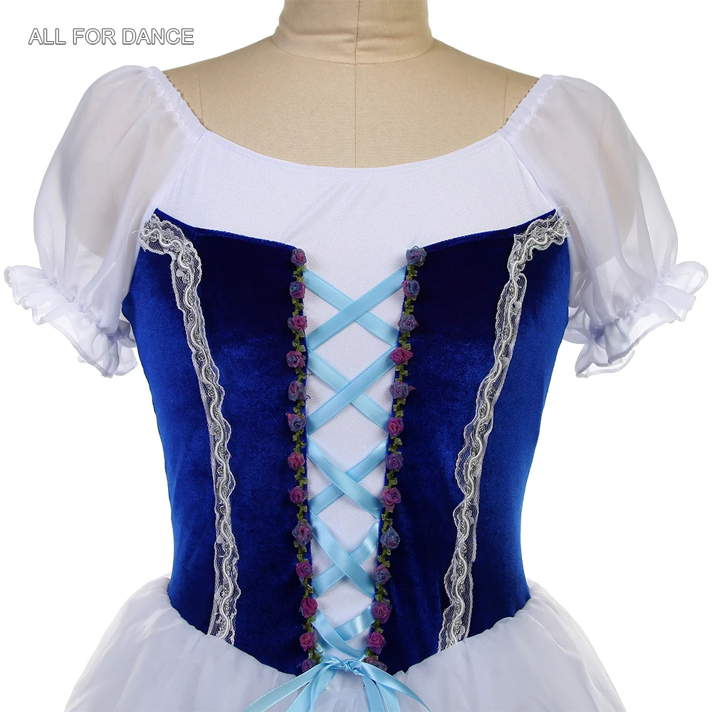 26009 Ballett-Tanzkostüme für Erwachsene, romantisches langes Ballett-Tutu, königsblaues Samt-Oberteil mit weißen weichen Tüll-Tutu-Röcken