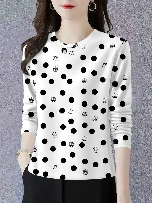 

Elegant Long Sleeve round Neck Polka Dot Print Loose Slimming T-Shirt Base Layer Top Anti-Aging Casual Wear Polyester Fiber
