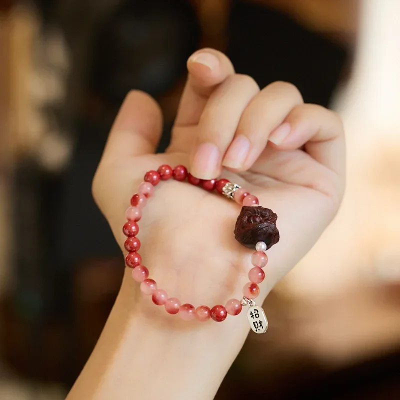 

Ruifan Natural Sandalwood Lion 6mm Red Cinnabar Chalcedony Agate Beaded Strand Bracelets for Women Luxury Fine Jewelry 1350