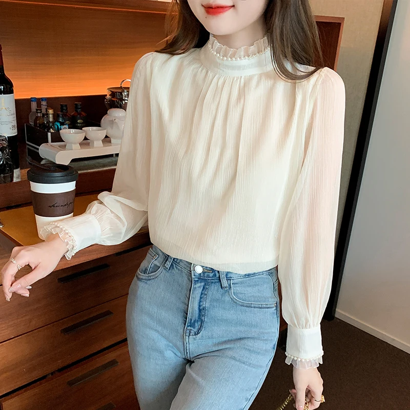 New Long Sleeve Beading Stand Collar Blouse Women Apricot Chiffon Blouse Shirt Women Tops Blusas Mujer De Moda 2024 Blouses G418