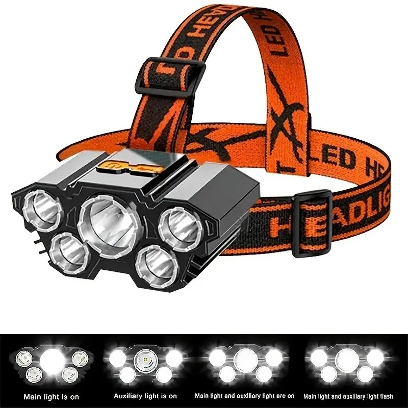 Strong 5LED Headlamp Rechargeable Fishing Head Light 4 Lighting Modes Waterproof Outdoor Camping Running Hiking Work Headlights