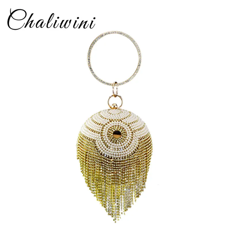 Chaliwin Ball Diamond Tassel Women Party Shoulder Handbag Wristlets Clutch Evening Wedding Bag Bridal  Metal Crystal Clutches