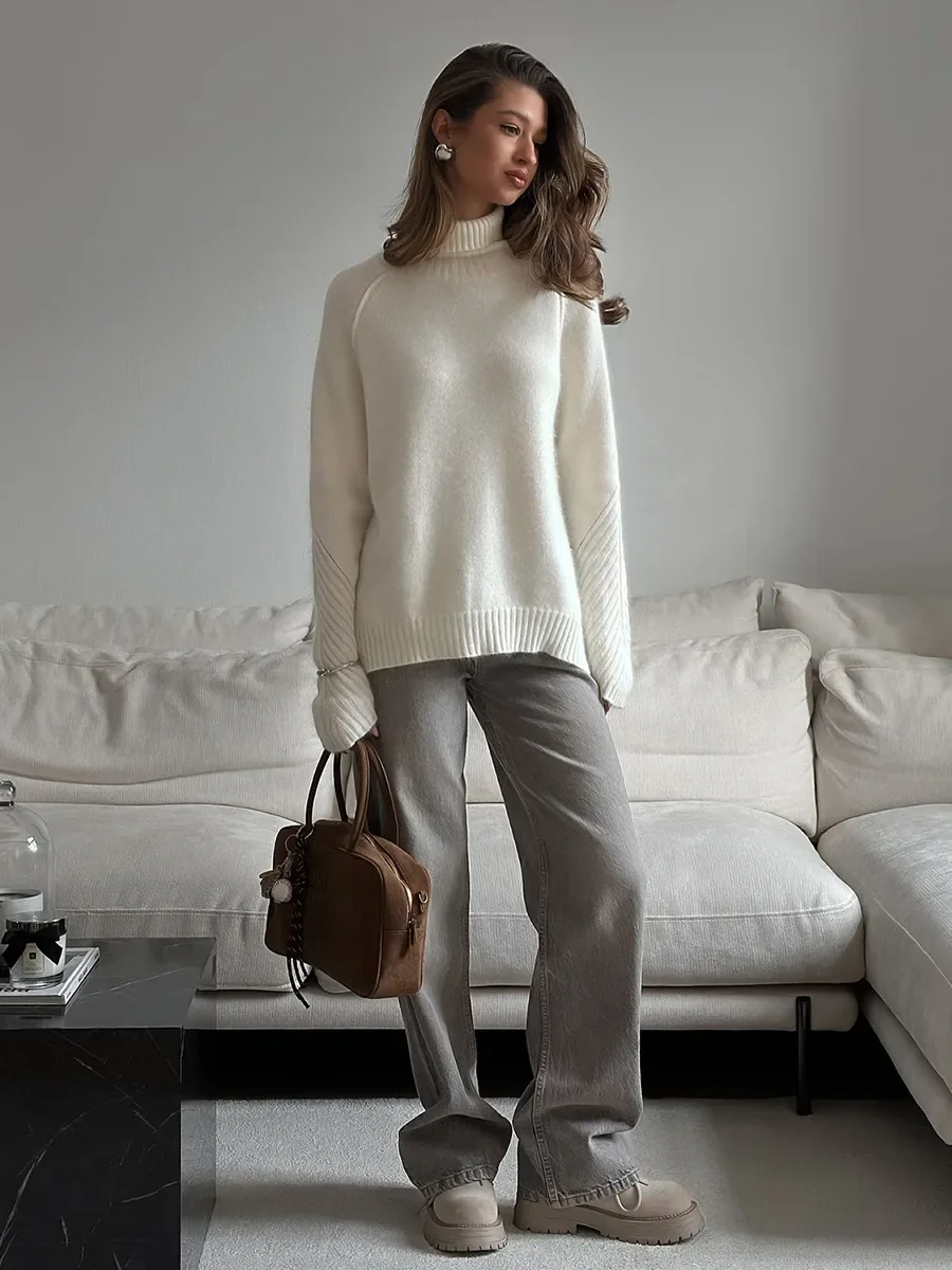 Casual Loose Ribbed Patchwork Autumn Women Knitwear Pullover Turtleneck Top Fashion White Ladies Knit Pullover