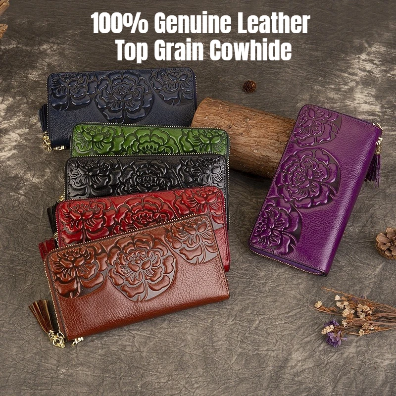 

Genuine Leather Wallet for Women Vintage Clutch Purse with Multi Card Slots & Embossed Pattern, Ladies Large Capacity Coin Purse
