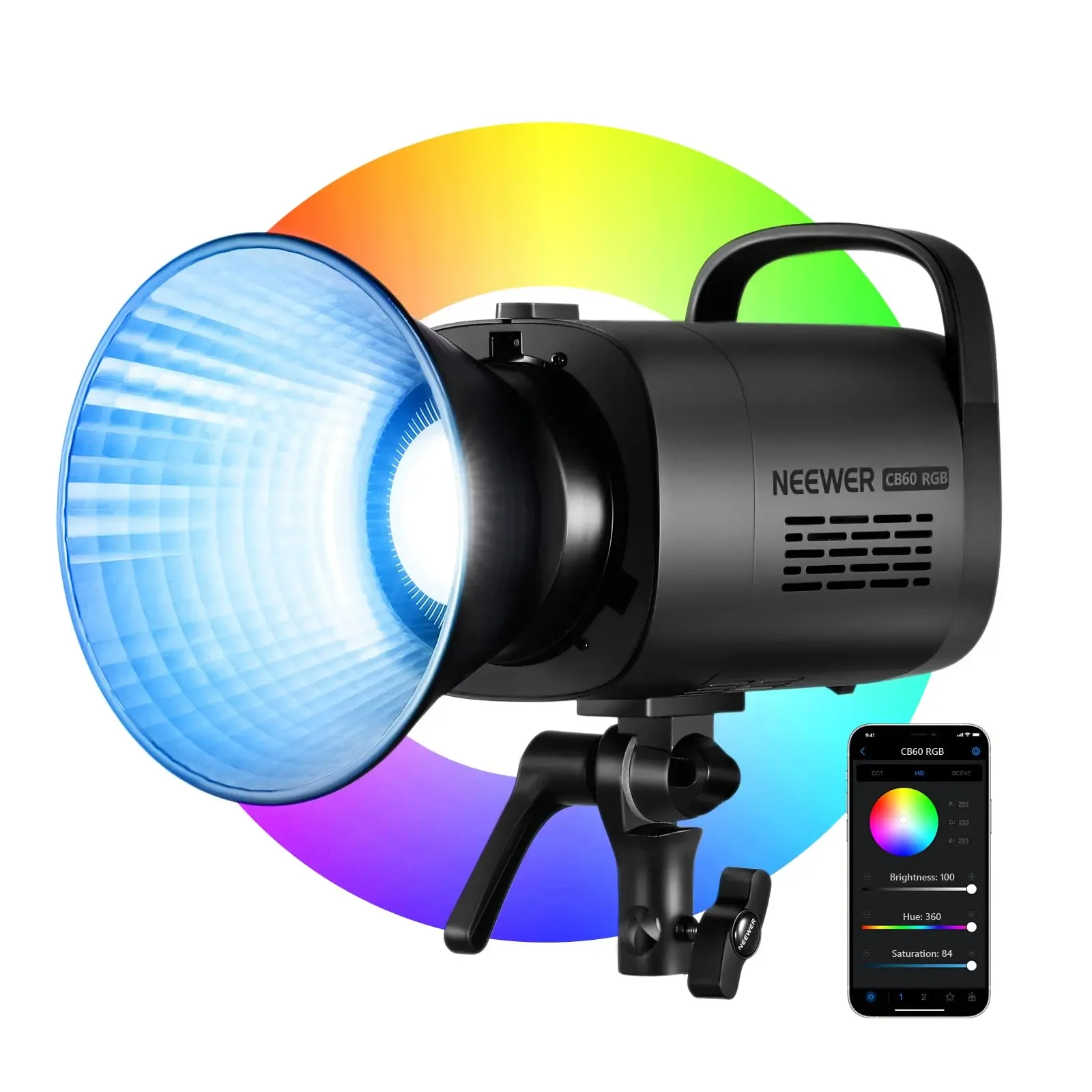 18000Lux/1m CCT 2700K-6500K CRI97+ Continuous LED Lighting  NEEWER CB60 RGB 70W LED Video Light with App Control