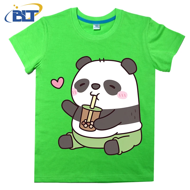 Panda gordinho infantil impresso algodão camiseta de manga curta, bonito ama chá de bolha, tops casuais, adequados para meninos e meninas, verão