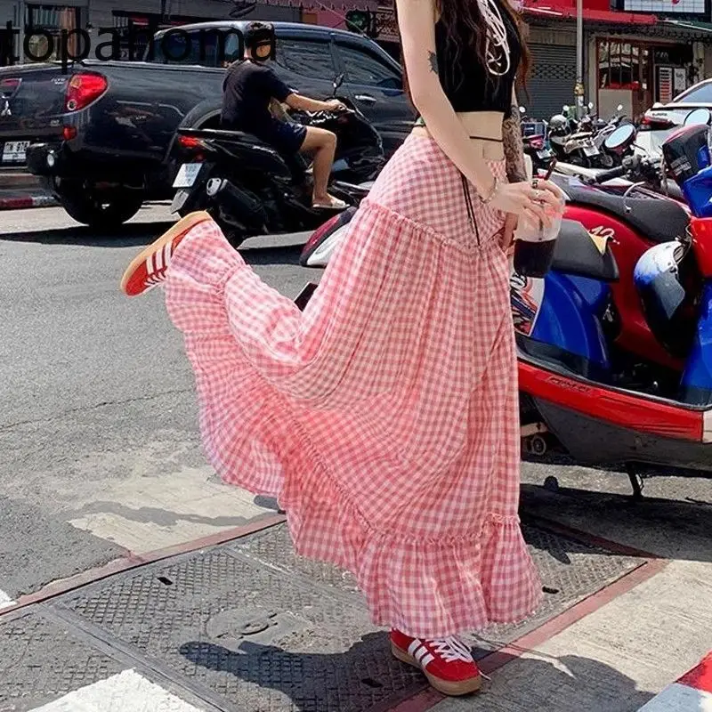 

Topanoma New Pink French Style New Sweet Fluffy Grid 2025 Design Retro Casual High Waist Splicing Slimming Half Skirt Long Skirt