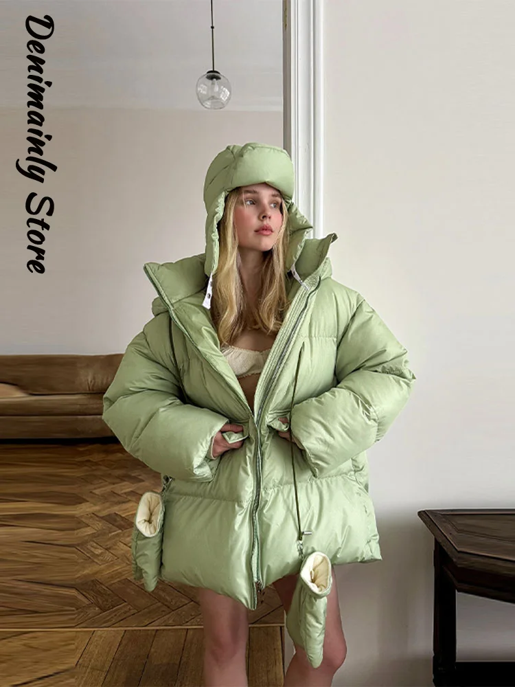 ファッションプリントジッパーフード付きコットンジャケット女性用スタンドカラーフルスリーブゆったりストリートウォームコート2025冬レディースシックアウター