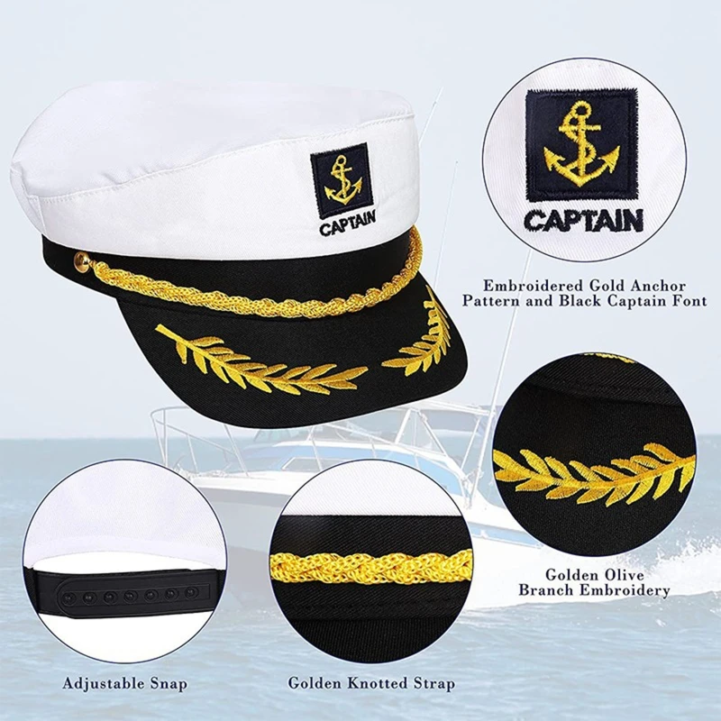 Sombrero De Marinero Blanco Para Adultos – Estilo Capitán Con Ancla Bordada Y Cinta Ajustable, Tejido De Poliéster-algodón Ligero Y Duradero, Ideal Para Fiestas Temáticas De Yate, Bodas En La Playa, Despedidas De Soltero, Halloween Y Cosplay, Regalo Perfecto Para Amantes Del Mar