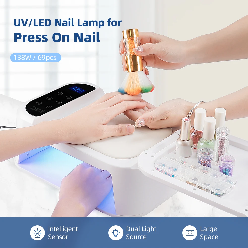 138W 69LED Lights UV LED Nail Lamp Nail Dryer With Hand Rest Holder For Manicure Gel Polish Fast Drying Lamp For Press On Nails