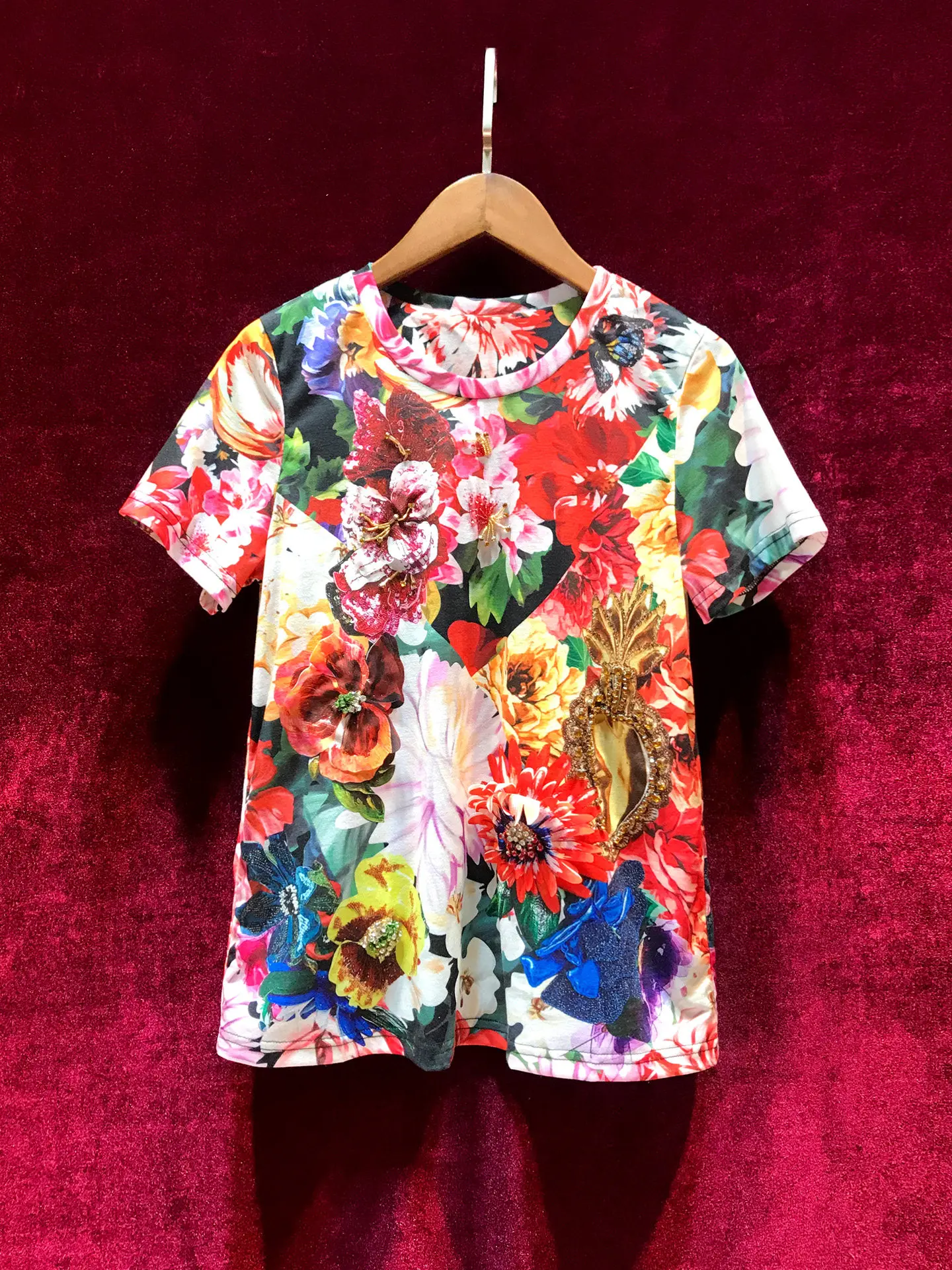 ZAMOR HIGH END High-End Heavy Beading Versatile Slim Fit Pattern Short Sleeve T-Shirt Women Top 2026 Summer New Chic