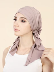 New Solid Color Crinkle Women's Hijab Caps Muslim Ladies Turban Bonnet Long Tail Head Wrap Head Scarf Indian Hats