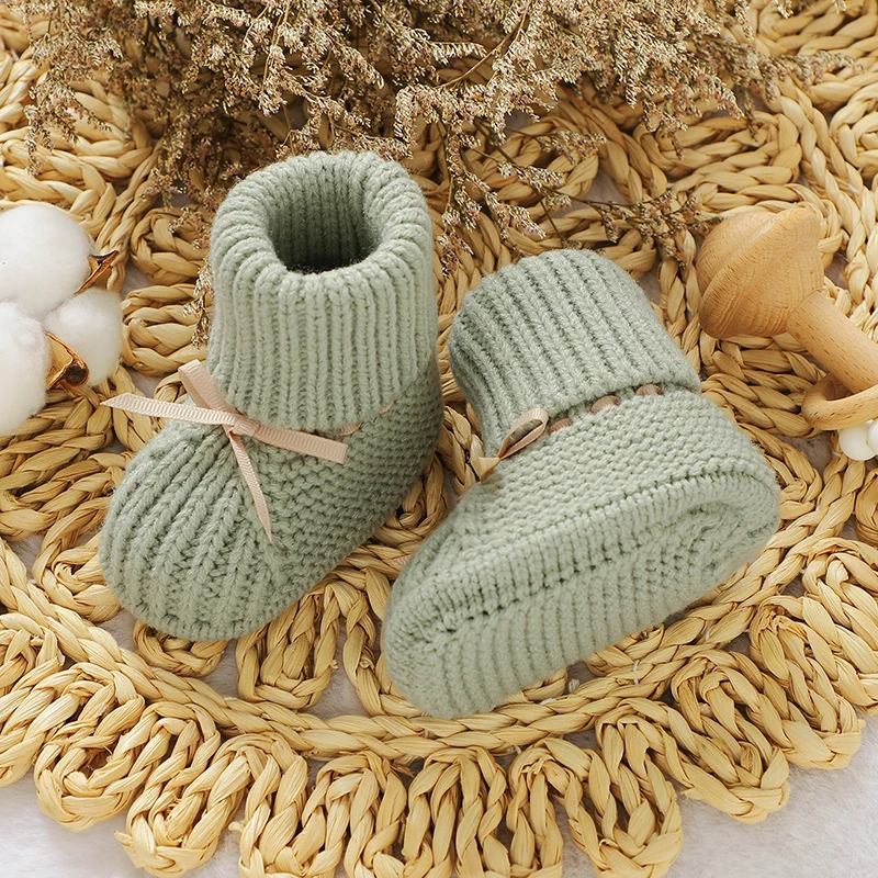 

Infant Baby Shoes Knit Newborn Girl Boy Boots Footwear Fashion Solid Bow Toddler Bedding Clothes Accessories 0-18M Warm Handmade