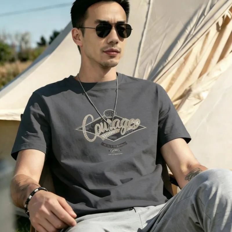 

Летняя новинка: мужская футболка в американском ретро-стиле из дышащего бамбукового хлопка с коротким рукавом и принтом, модная повседневная спортивная модель с эффектом потертости