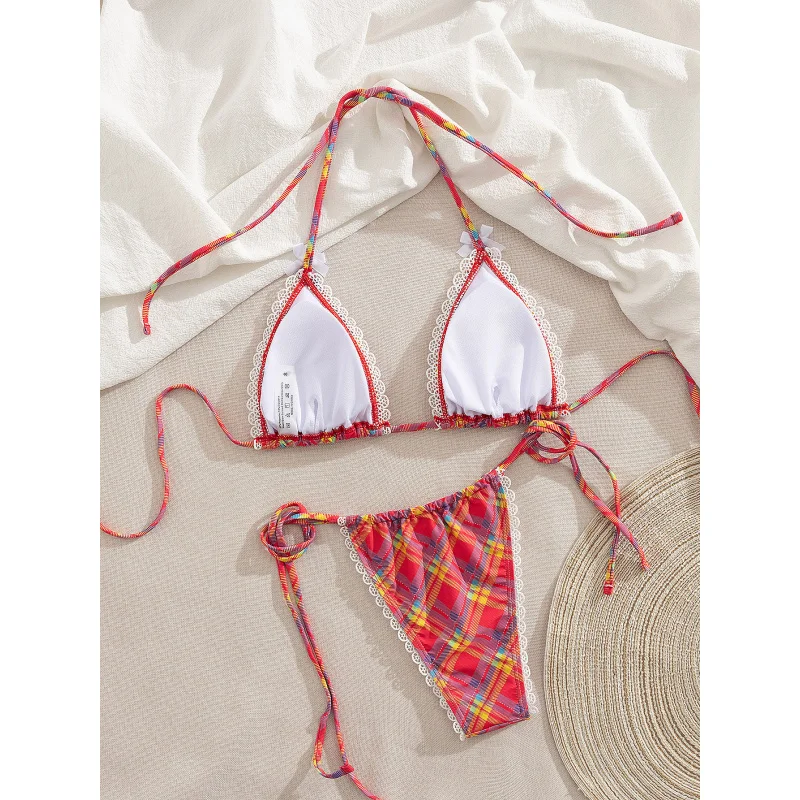 여름 레트로 퍼플 체크 수영복 해변 휴가 작은 가슴 삼각 타이 비키니 섹시한 온천 수영복 여성용