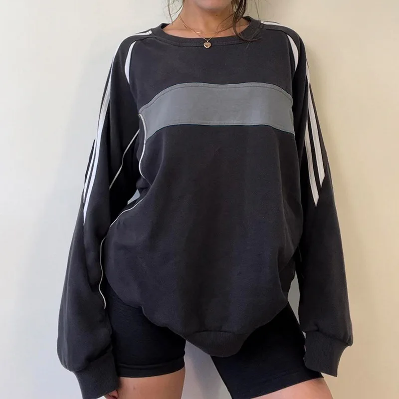 

Preppy Blue Hoodie Sporty Women's Sweatshirt O-neck Casual Oversized Hoodie Striped Design New Sweatshirt Autumn T-shirt