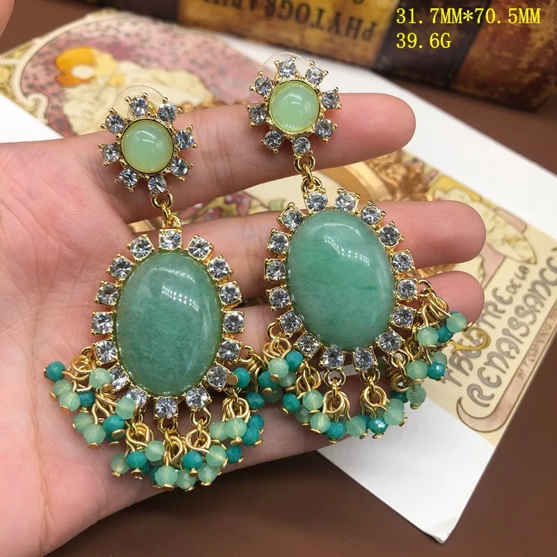 

Women Fashion Vintage inlaid Green Stone Long Shoulder Sweeping Tassel Earrings