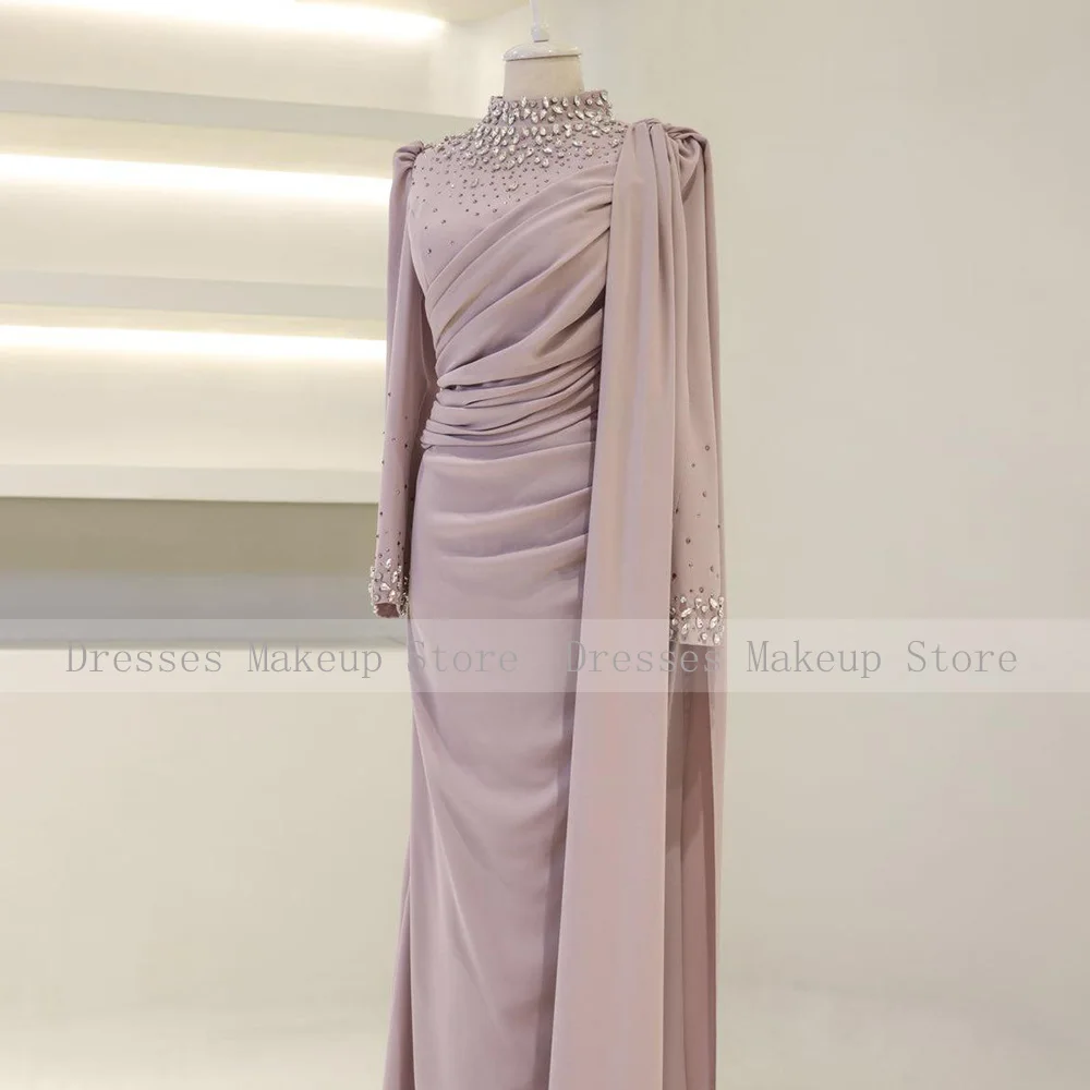Pink Evening Dresses Crystal High Collar Full Sleeves Satin Wedding Guest Gowns for Women Mermaid Luxury Formal Party Dress Long