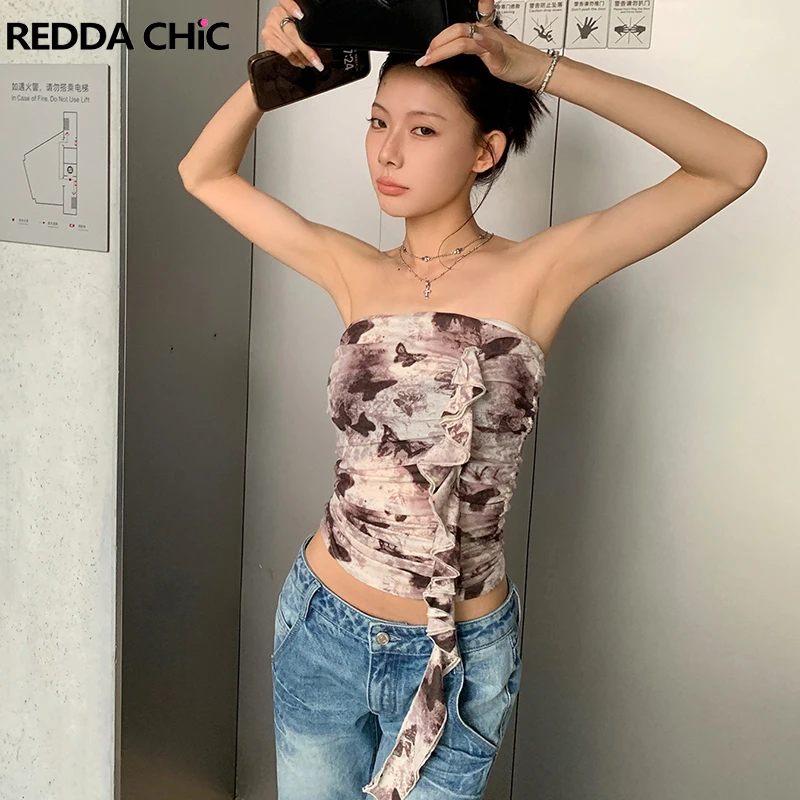 

ReddaChic Flowy Ruffle Butterfly Corset Top Women Summer Print Sleeveless Slim Fit Stretch Ruched Tube Top Y2k Vintage Clothes