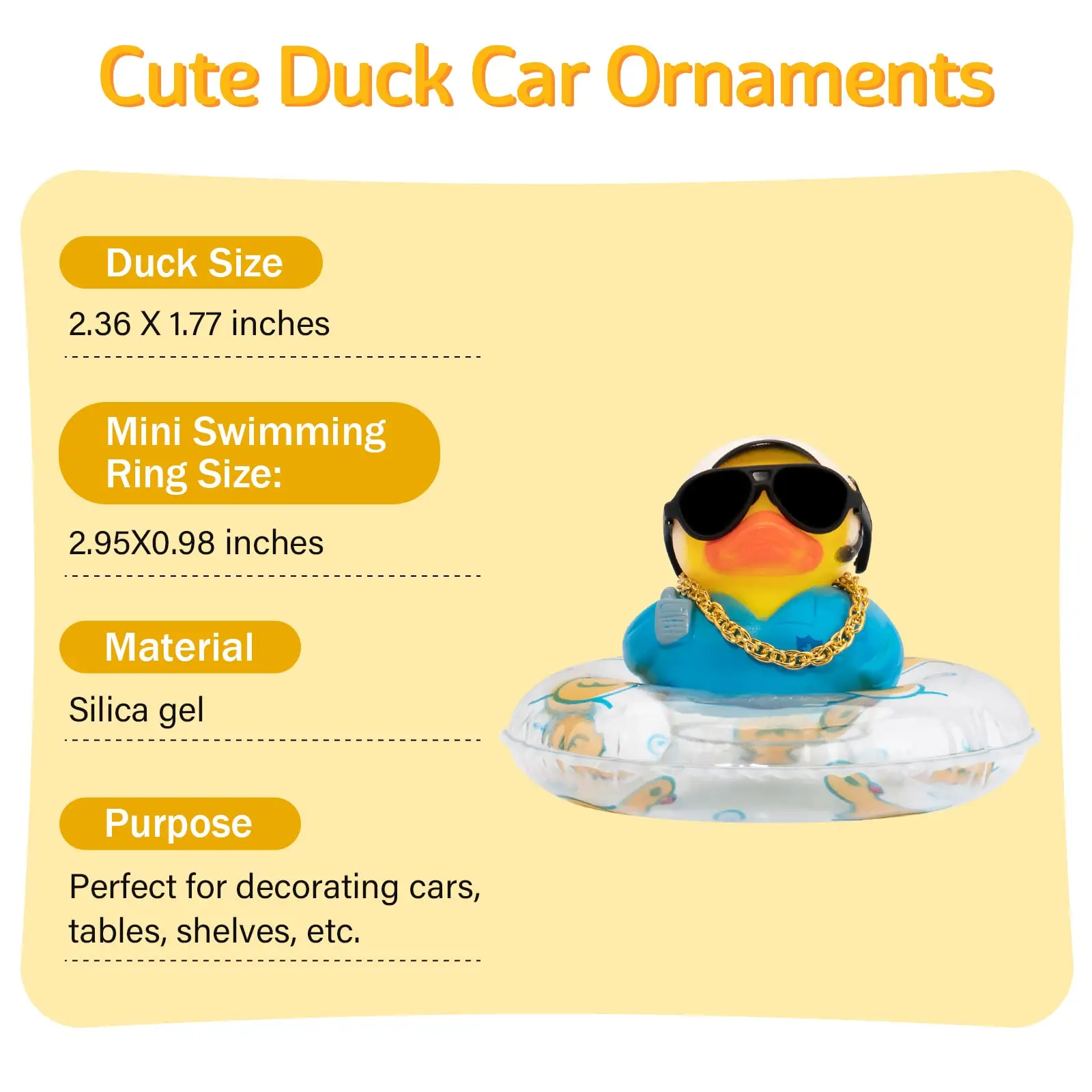 Car Rubber Duck Decoration - Dashboard Ornament with Mini Swim Ring Necklace and Sunglasses