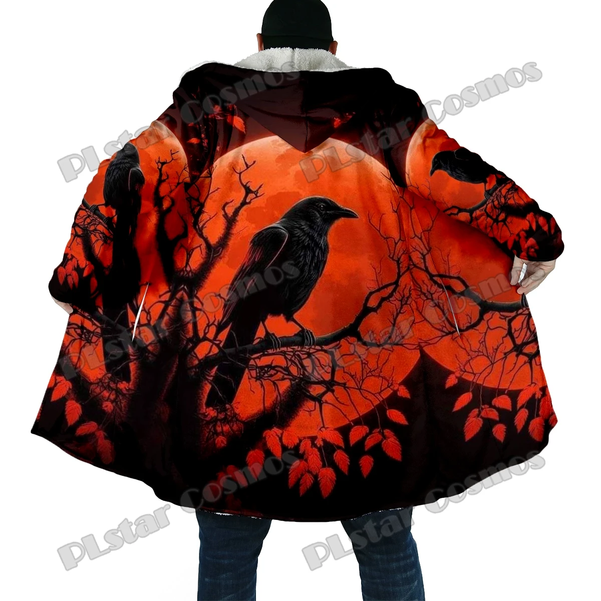 Winter Fashion Men's cloak Halloween Crow Skull Pattern 3D Printed Thick Fleece Hooded Cloak Unisex Casual Warm Cape Coat DP62