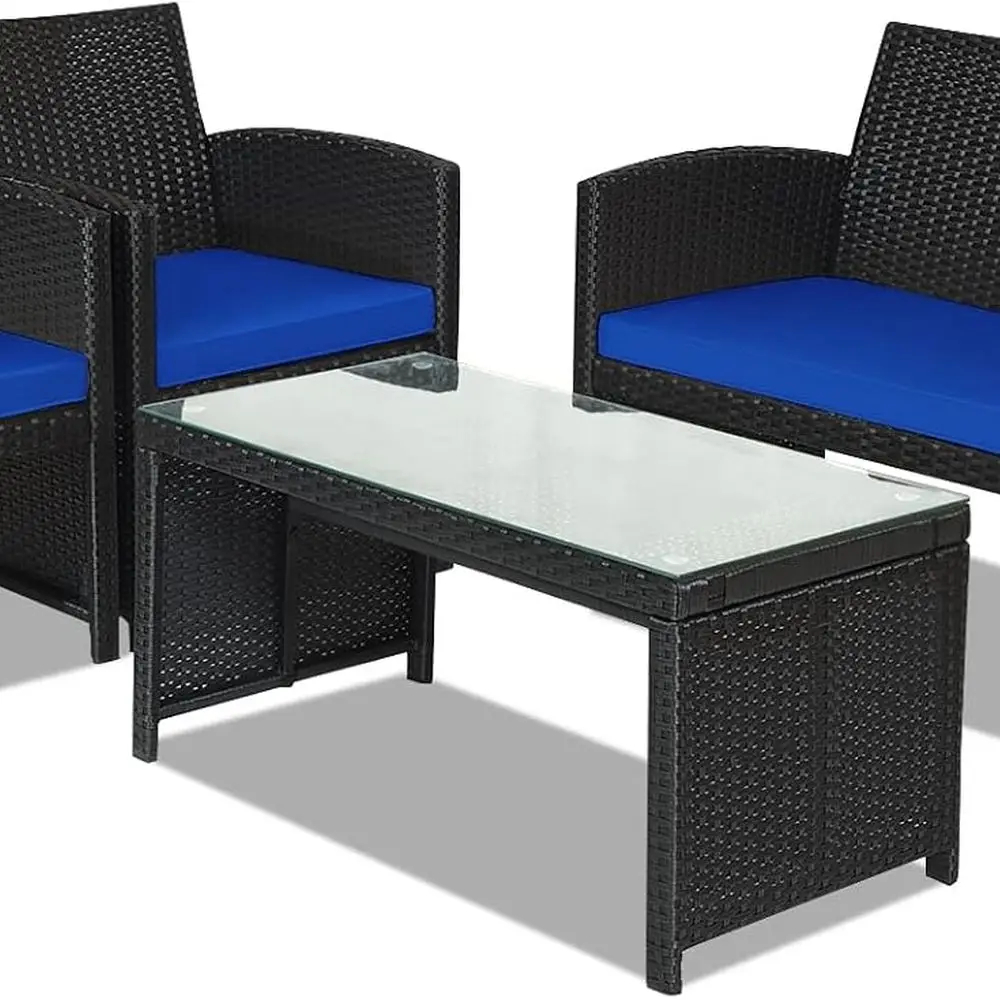 طقم أريكة من الخيزران للفناء الخارجي باللون الأزرق الداكن مع طاولة بيسترو ووسائد للشرفة أو الفناء #1