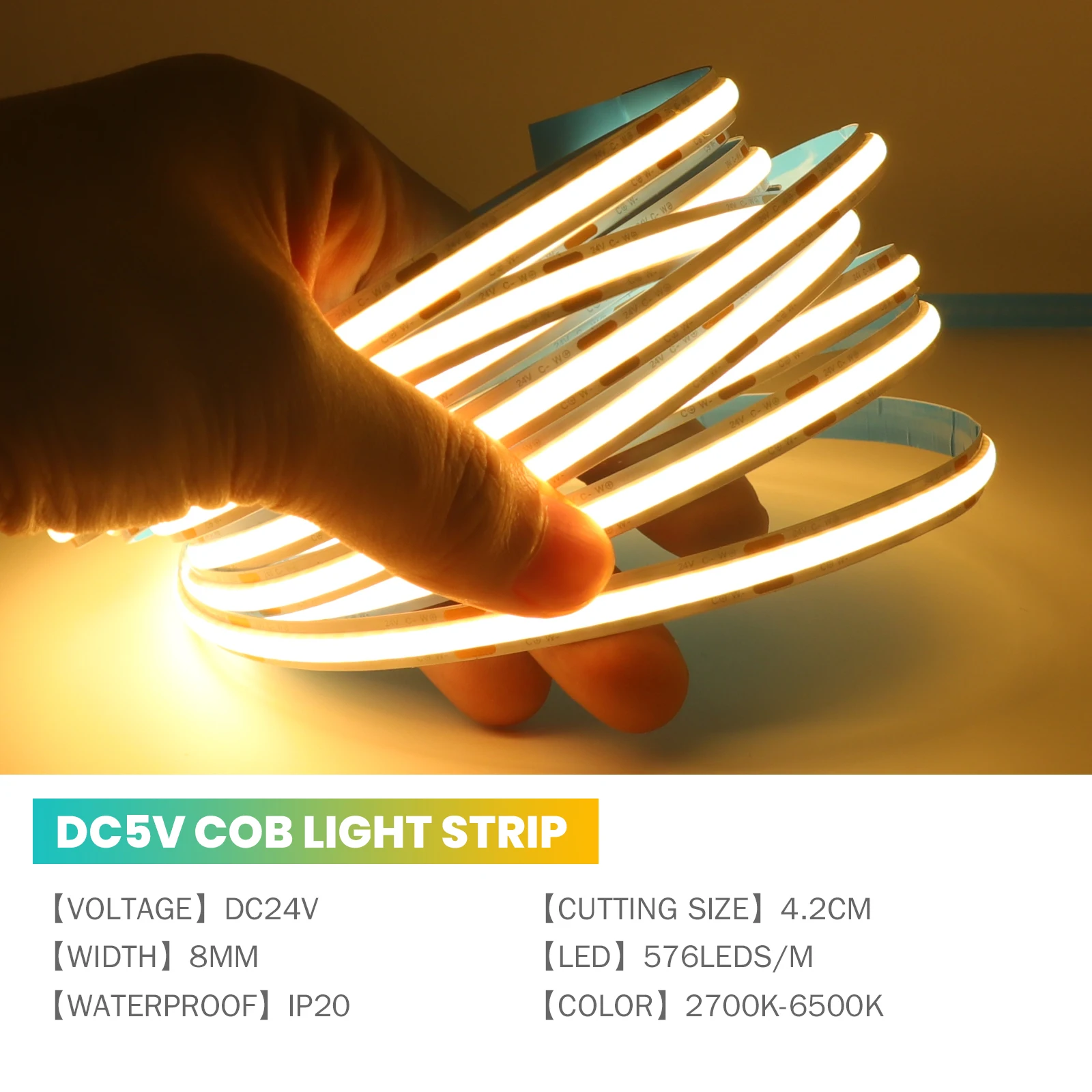 COB CCT LED قطاع ضوء 576 المصابيح/م عالية الكثافة مزدوجة اللون RA90 عكس الضوء 24 فولت 2700 كيلو إلى 6500 كيلو للتغيير 8 مللي متر عرض شريط مرن