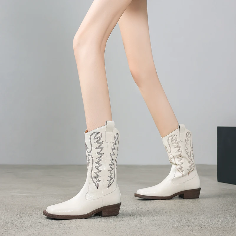 

Women Cowboy Boots Pointed Toe High Heels Genuine Leather Boots for Women Slip-on Short Boots Western Boots