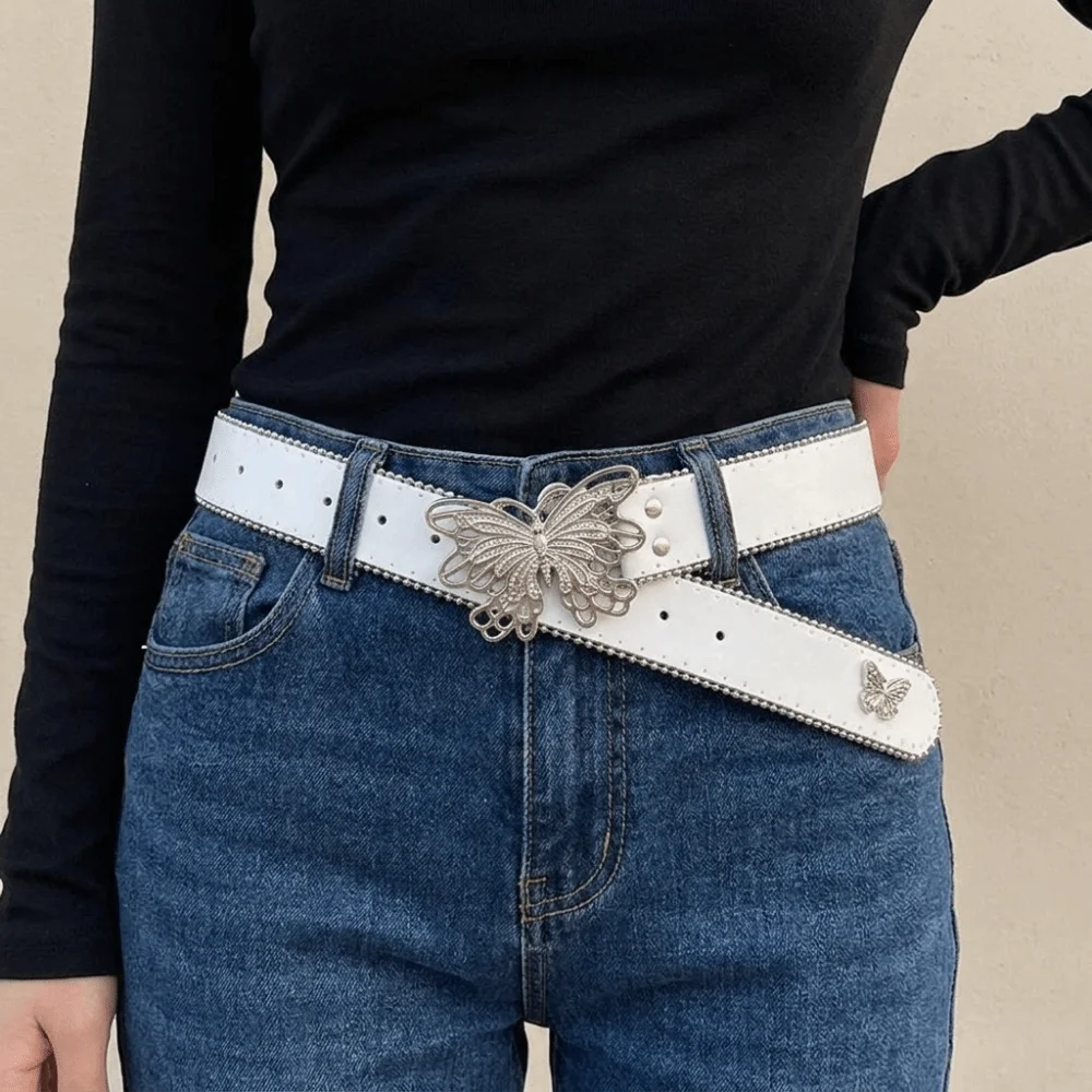 Cinturón de cuero sintético con diseño de mariposa, estilo coreano, hebilla metálica, cinturón ancho Y2K, fajín para mujer.