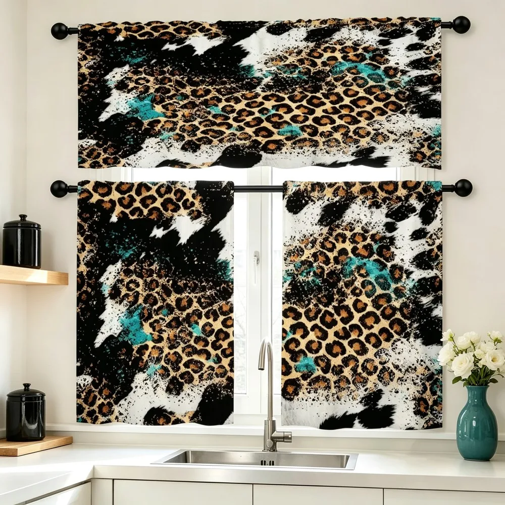 Animal Kitchen Curtains, Teal Leopard Cow Print Abstract, Digital Print, Kitchen Dining Room, Rod Pocket Polyester, Home Decor