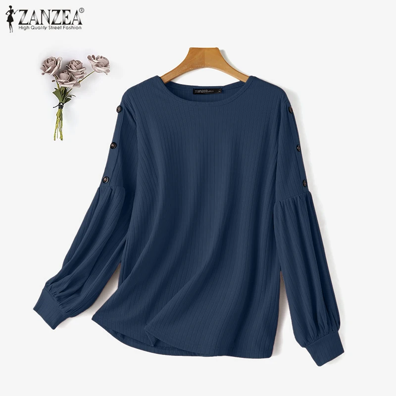 ZANZEA Muslim Modest Fashion Ribbed T-Shirts Hijab Women O-Neck Lantern Sleeves Solid Color Tops Casual Islamic Woman Clothes