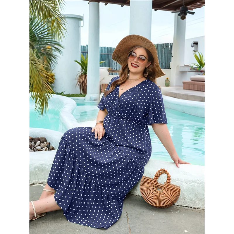 ABP-Damen Casual Plus Size Polka Dots Kleid Sommer Kurzarm V-Ausschnitt Lose abgestufte Maxikleider