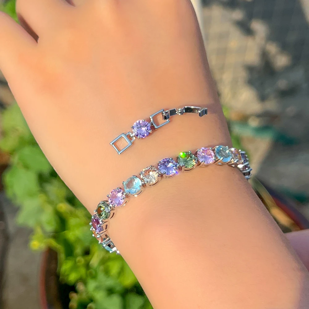 BeaQueen Silver Plated Round Multicolor Zirconia Rainbow Tennis Link  Bracelet Women Bridal Party Banquet Statement Jewelry B241