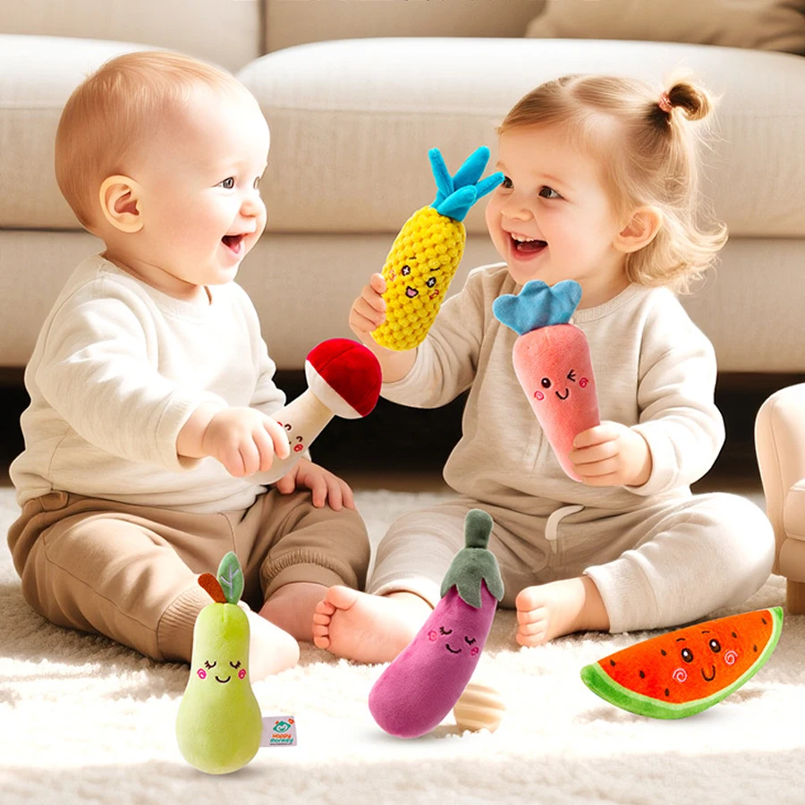 

Набор мягких плюшевых игрушек-погремушек для малышей: фрукты и овощи, прорезыватель, пищалка, сенсорная игрушка, шуршащая игрушка, подарок для новорожденных 0-12 месяцев
