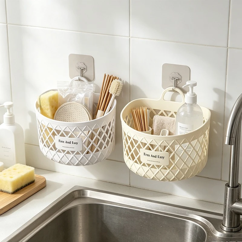 New 2pcs/1Set (1pc Basket and 1pc Hook) Easy Hanging Storage Basket,  for Kitchen Bathroom Toiletries, Spice Bags, Shelf Baskets