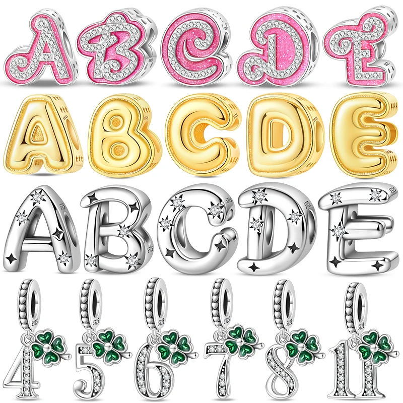 Alphabet A-Z Letter Number Charm Beads 4 6 8 11 Numeral Clover Dangle Charms Fits Bracelet Personalized DIY Pendant Jewelry Gift