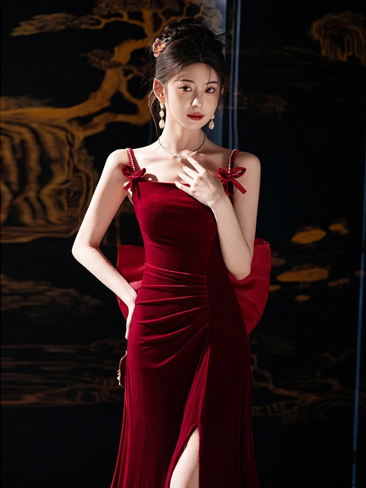 

Red Wedding Dr Ele Long Evening Gown for Bride Engagement Par Luxury Sensation Floor Length Polyester Fiber