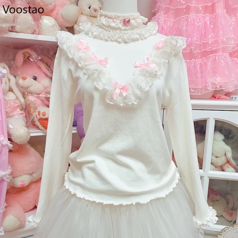 Sweet Lolita Style Sweater Women Casual Cute Bow Lace Ruffles Fairy Knitted Pullovers Korean Female Fashion Kawaii Knitwear Tops